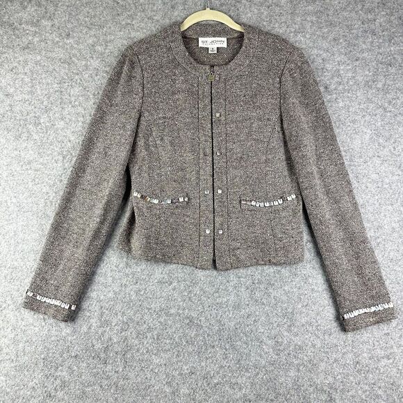 St John Sweater Wool Blend Cardigan Womens 8 Taupe Fleck Full Zip Beaded Blazer - Picture 1 of 16